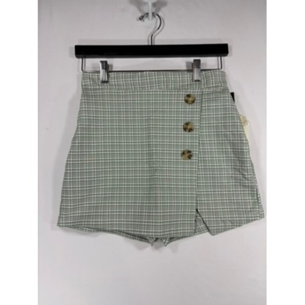 Altar'd State Skort Women S Green Ivory NWT Plaid Asymmetrical Button Wrap